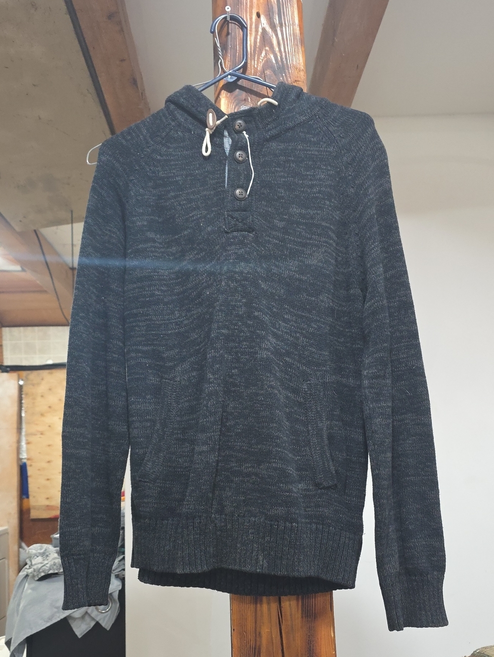 Men's Charcoal Knit Hooded Henley Sweater